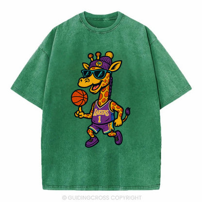 California Giraffe wearing Lakers beanie with palm tree patch and wayfarer - Vintage T-shirt - Forest Mist(Green)