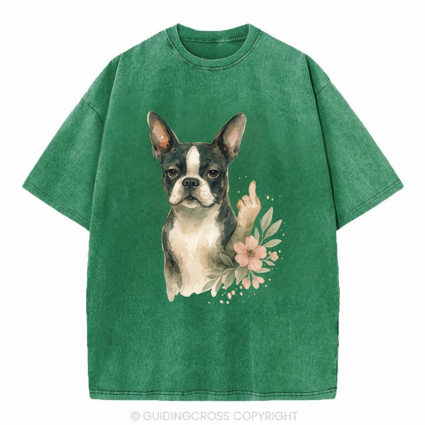 Boston Terrier with tuxedo markings, perky ears, paw up giving sass - Vintage T-shirt - Forest Mist(Green)