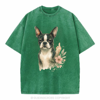 Boston Terrier with tuxedo markings, perky ears, paw up giving sass - Vintage T-shirt - Forest Mist(Green)