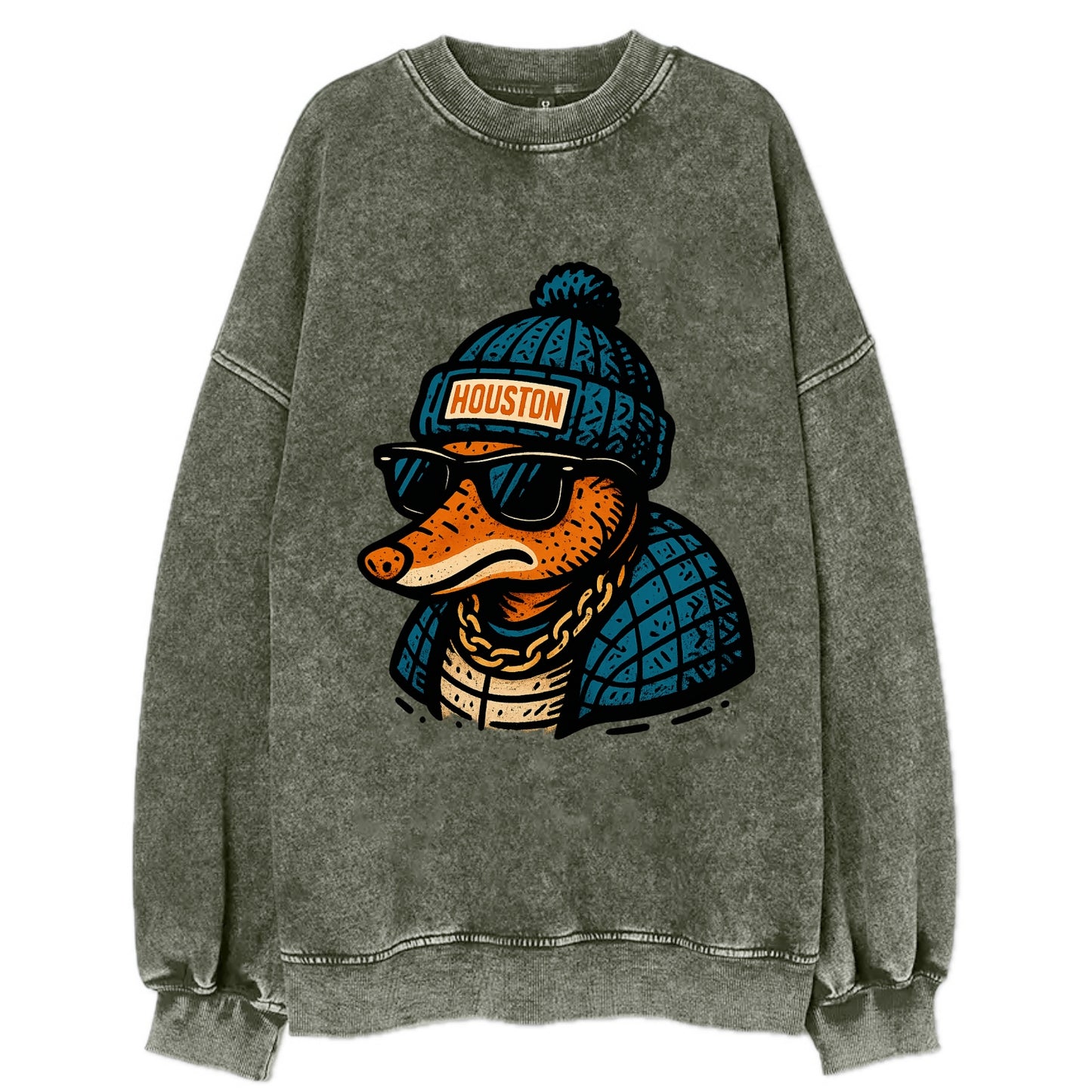 Houston Armadillo wearing Houston beanie with pom pom and wayfarer sunglasses - Vintage Sweatshirt - Forest Mist(Green)