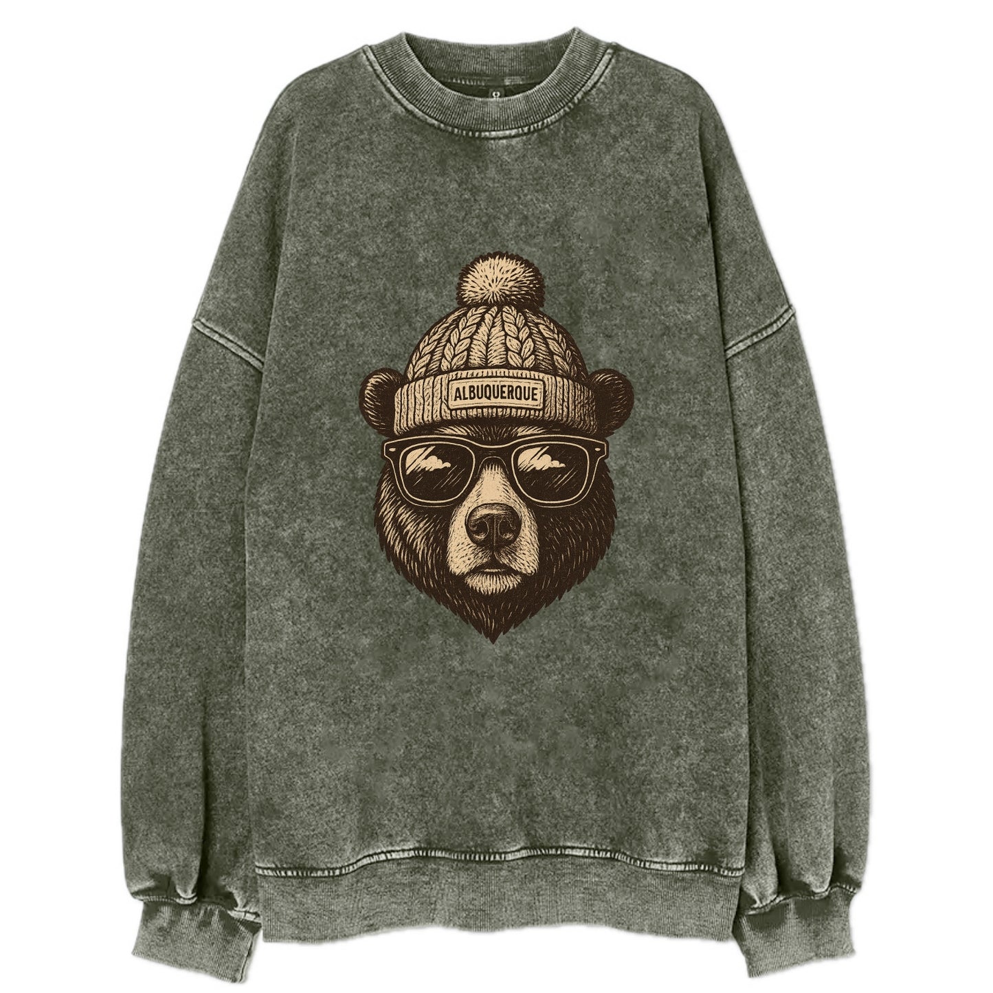New Mexico Black Bear wearing Albuquerque beanie with pom pom and wayfarer - Vintage Sweatshirt - Forest Mist(Green)