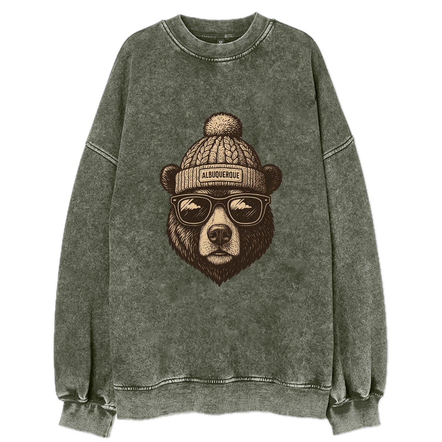 New Mexico Black Bear wearing Albuquerque beanie with pom pom and wayfarer - Vintage Sweatshirt - Forest Mist(Green)
