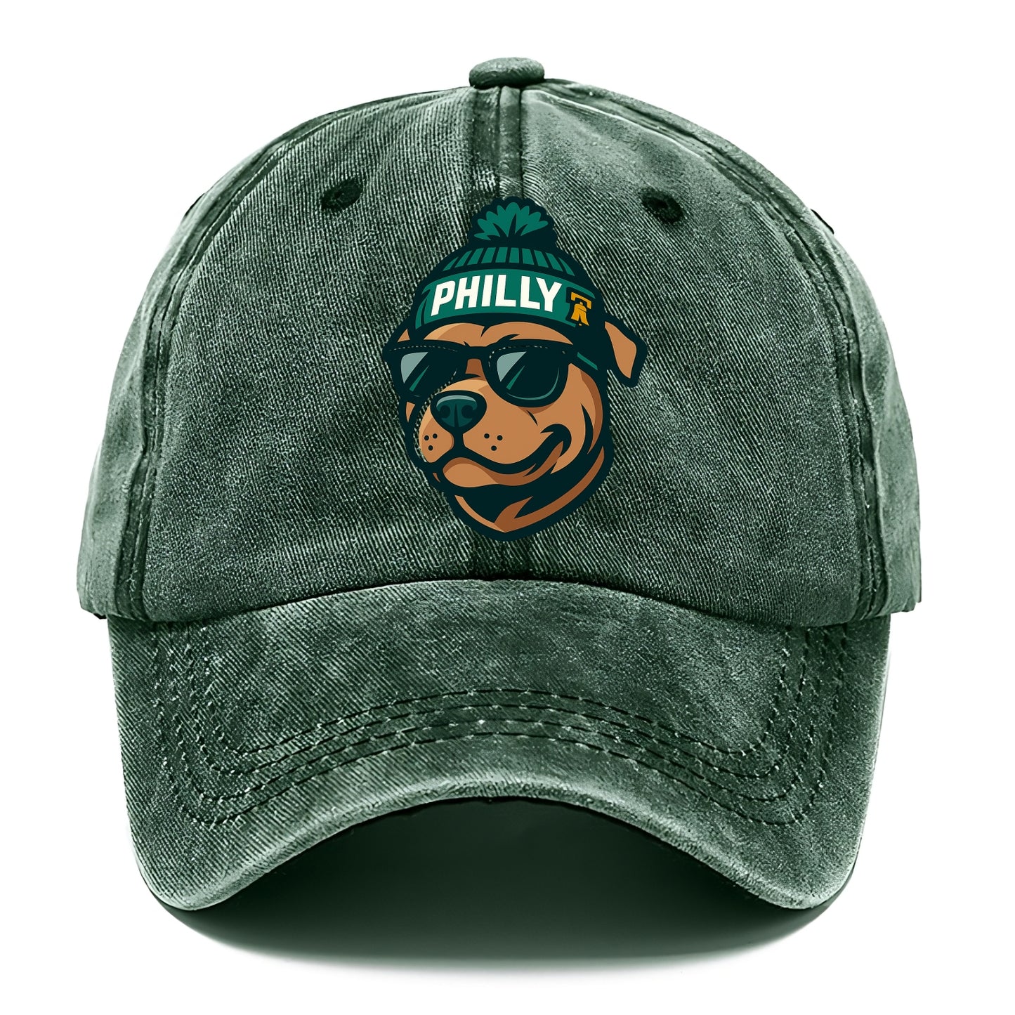 Philly Pitbull wearing Eagles beanie with Liberty Bell patch and wayfarer sunglasses - Classic Cap - Forest Mist(Green)
