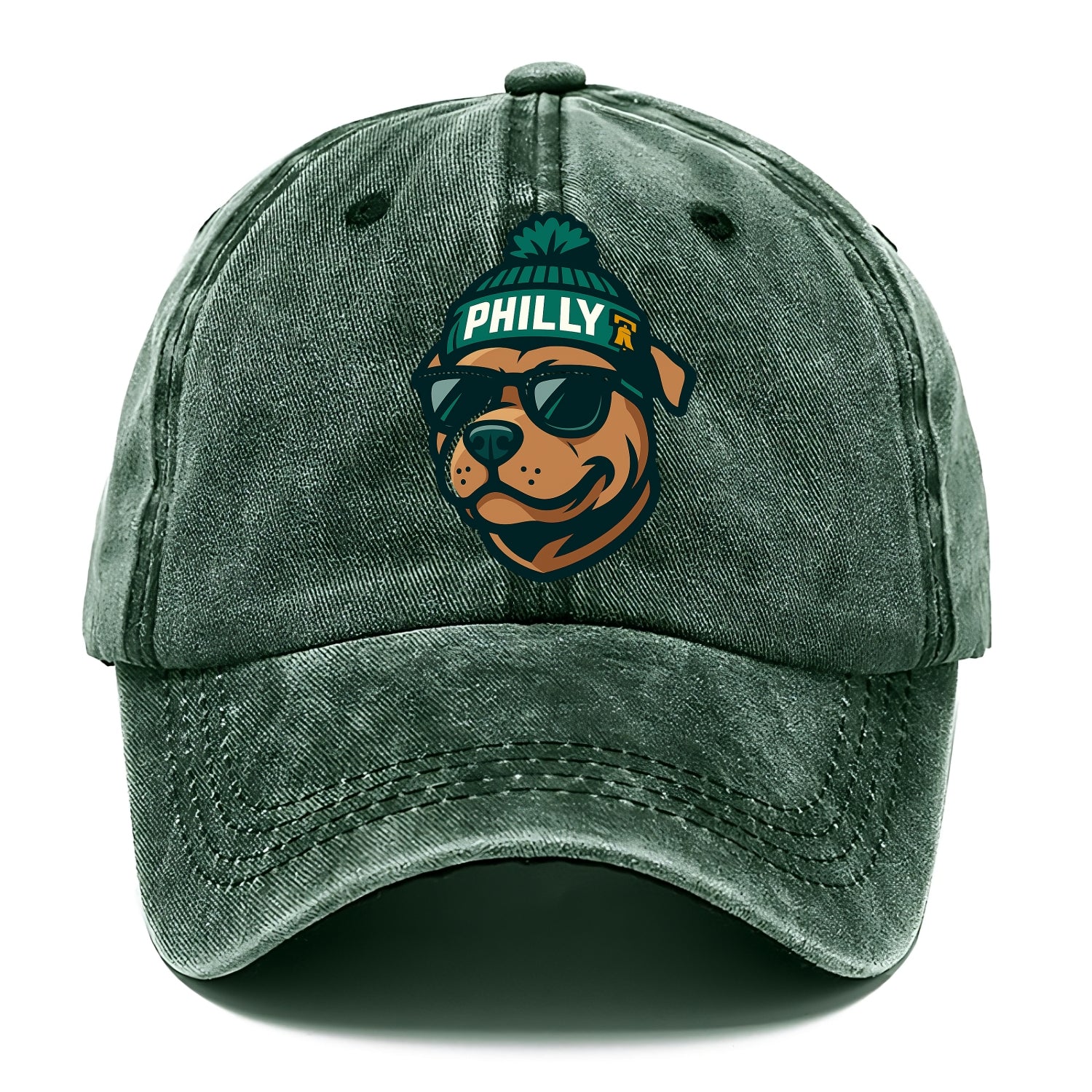 Philly Pitbull wearing Eagles beanie with Liberty Bell patch and wayfarer sunglasses - Classic Cap - Forest Mist(Green)