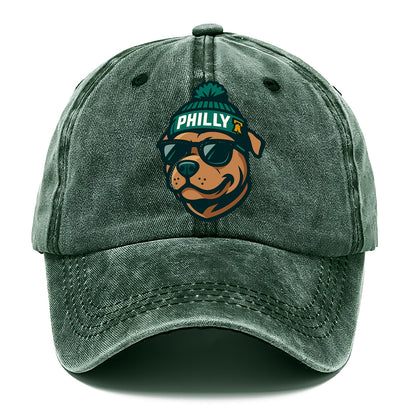 Philly Pitbull wearing Eagles beanie with Liberty Bell patch and wayfarer sunglasses - Classic Cap - Forest Mist(Green)