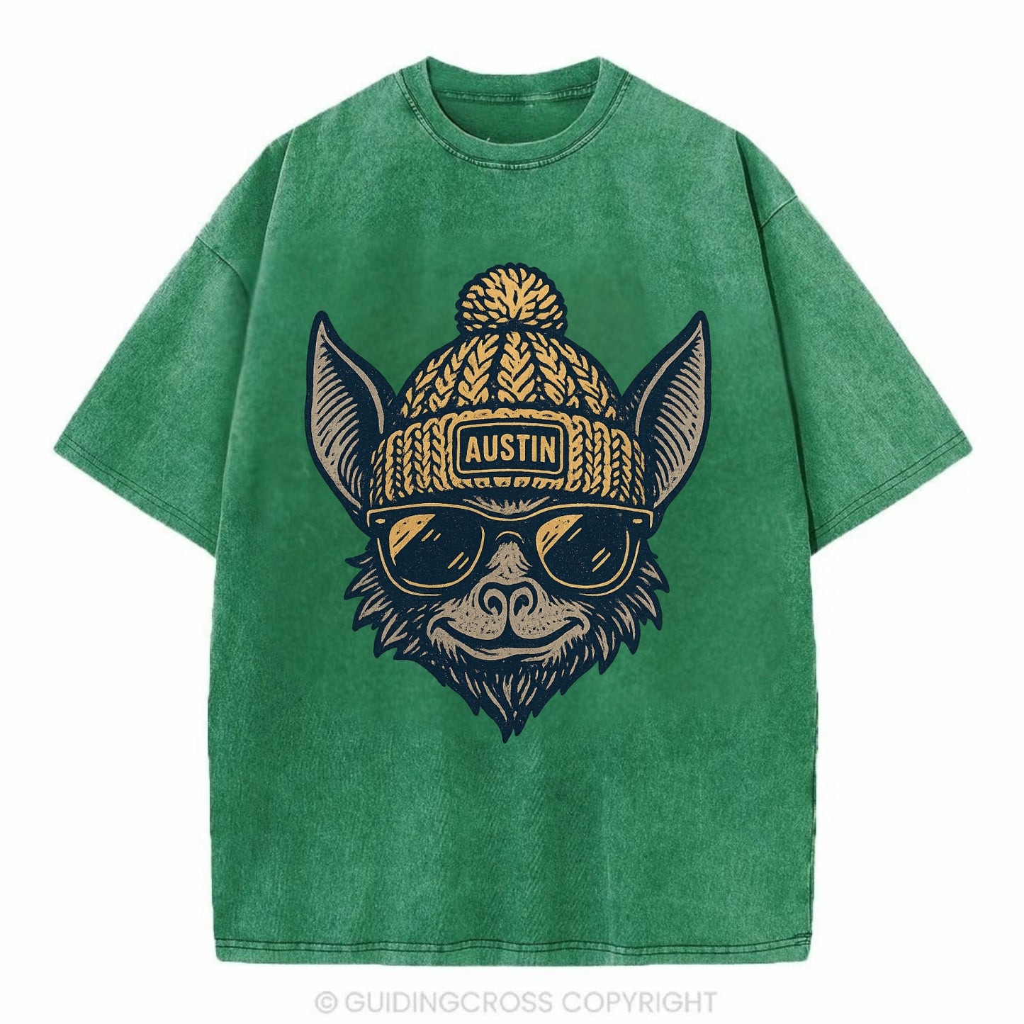 Austin Bat wearing Austin beanie with pom pom and wayfarer sunglasses - Vintage T-shirt - Forest Mist(Green)