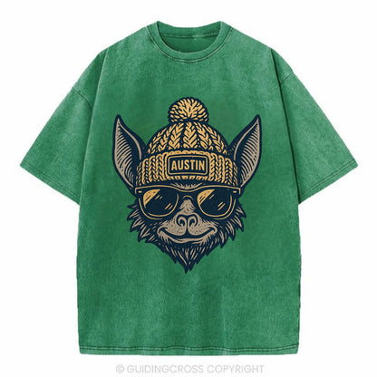 Austin Bat wearing Austin beanie with pom pom and wayfarer sunglasses - Vintage T-shirt - Forest Mist(Green)