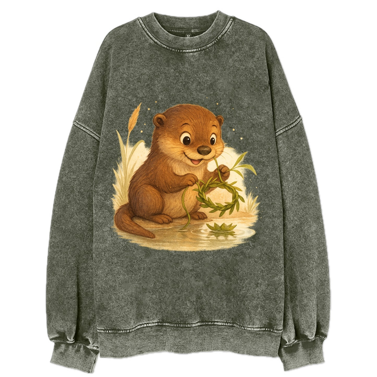 Otter weaving river reeds into a floating crown beside mirror-still water - Vintage Sweatshirt - Forest Mist(Green)