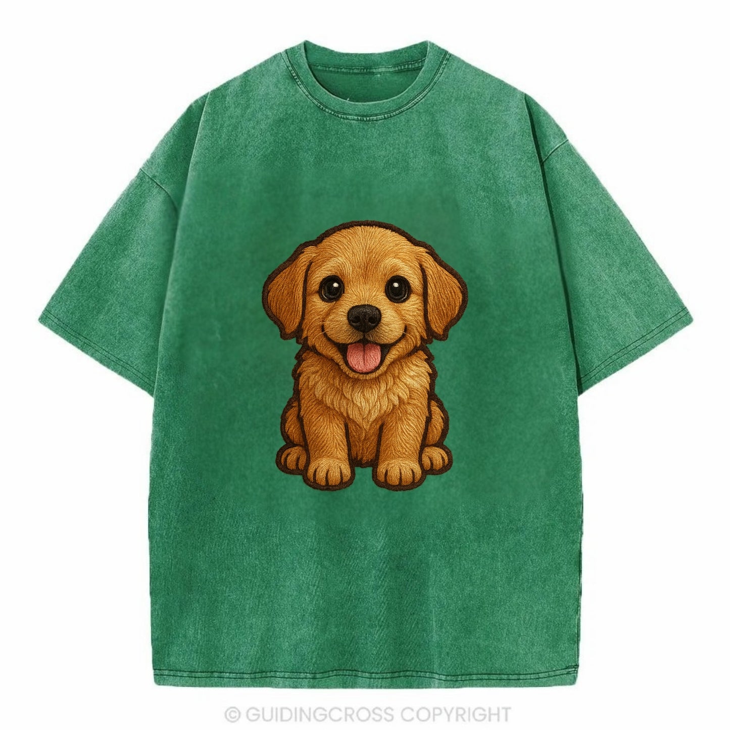 Baby Golden Retriever Puppy - fluffy golden fur, big brown eyes, pink tongue, - Vintage T-shirt - Forest Mist(Green)
