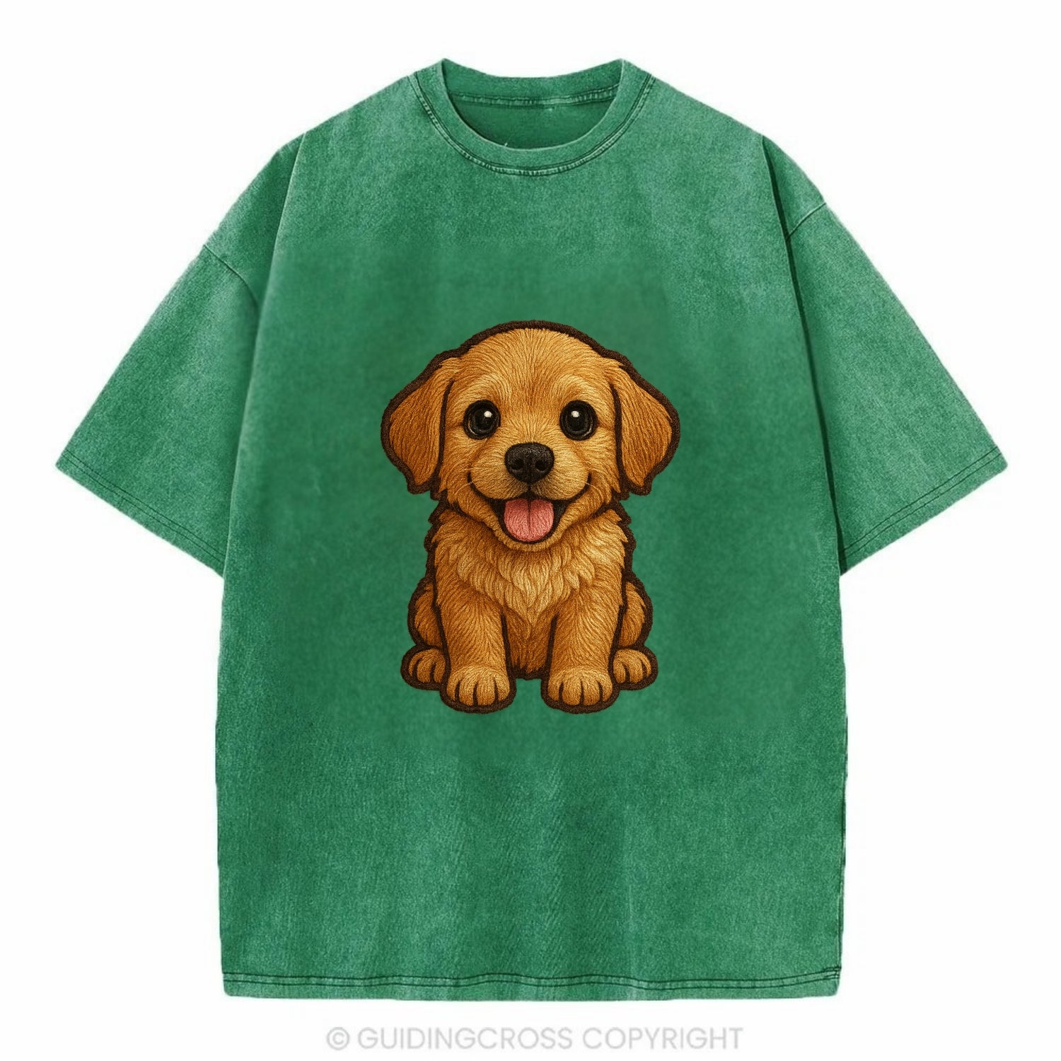 Baby Golden Retriever Puppy - fluffy golden fur, big brown eyes, pink tongue, - Vintage T-shirt - Forest Mist(Green)
