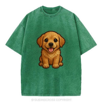 Baby Golden Retriever Puppy - fluffy golden fur, big brown eyes, pink tongue, - Vintage T-shirt - Forest Mist(Green)