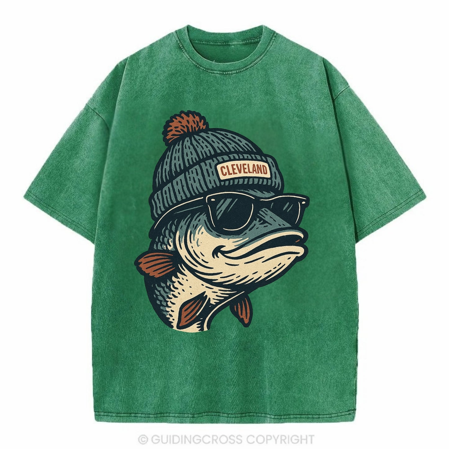 Cleveland Lake Erie Walleye wearing Cleveland beanie with pom pom and wayfarer - Vintage T-shirt - Forest Mist(Green)
