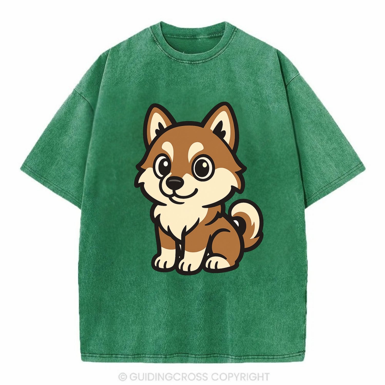 Pomsky - Pomeranian-Husky mix sitting pose - Vintage T-shirt - Forest Mist(Green)