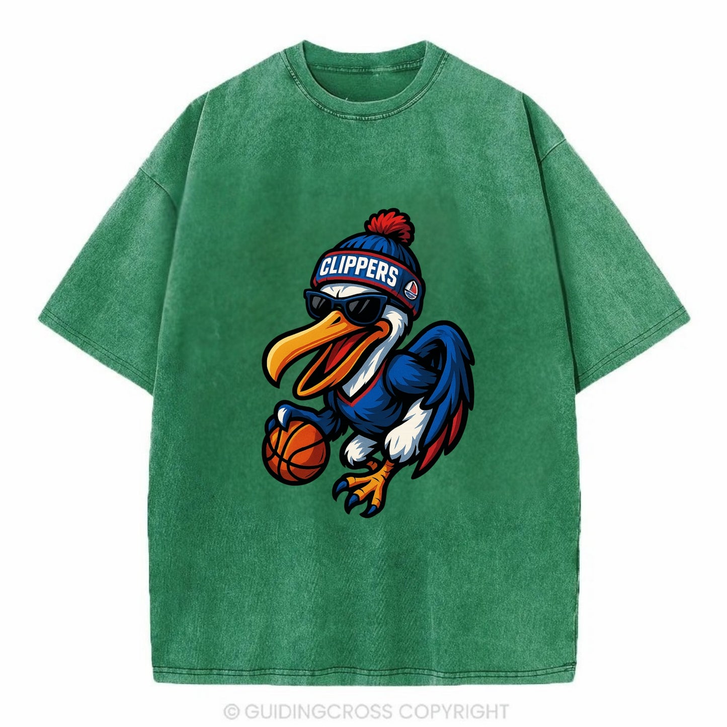 Los Angeles Pelican wearing Clippers beanie with sailboat patch and wayfarer - Vintage T-shirt - Forest Mist(Green)