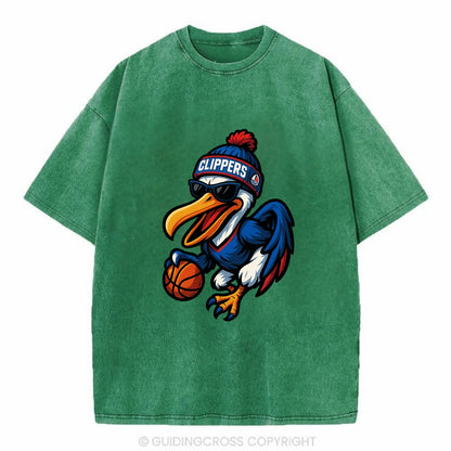 Los Angeles Pelican wearing Clippers beanie with sailboat patch and wayfarer - Vintage T-shirt - Forest Mist(Green)