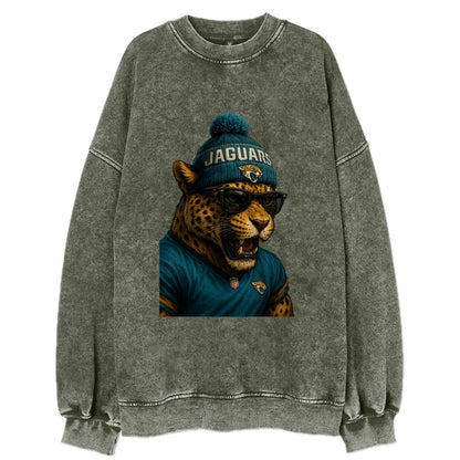 Jacksonville Jaguar wearing Jaguars teal and gold beanie with pom pom and - Vintage Sweatshirt - Forest Mist(Green)