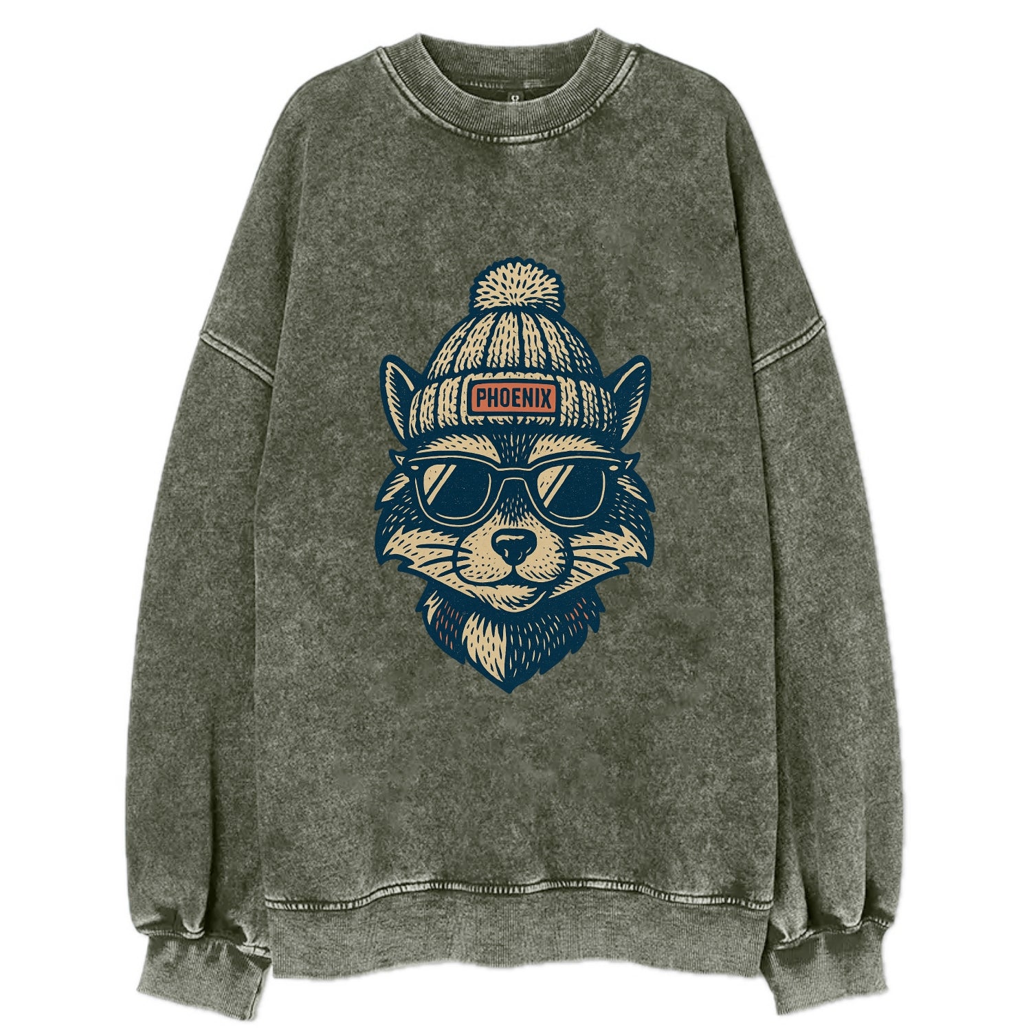 Arizona Ringtail wearing Phoenix beanie with pom pom and wayfarer sunglasses - Vintage Sweatshirt - Forest Mist(Green)