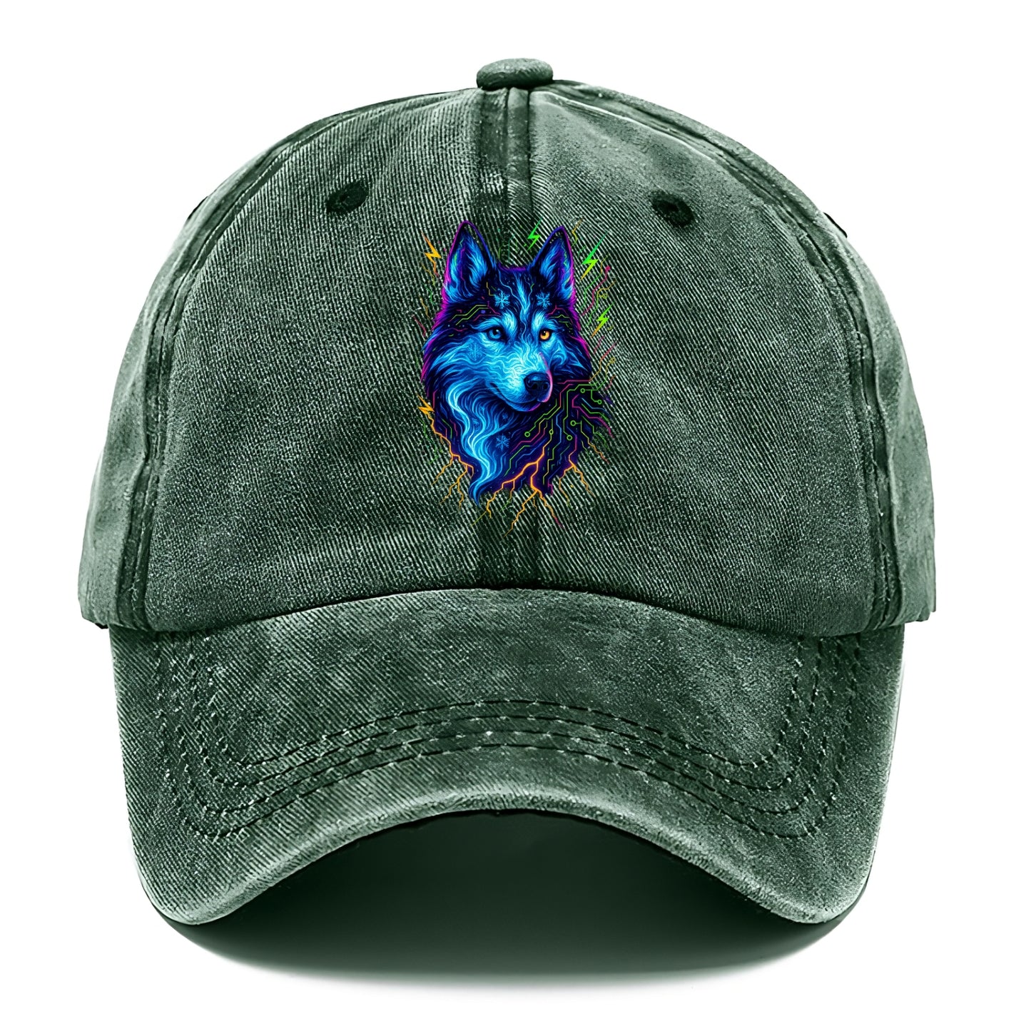 Siberian husky with ice-crystal flowing patterns, electric blue and white swirls, - Classic Cap - Forest Mist(Green)