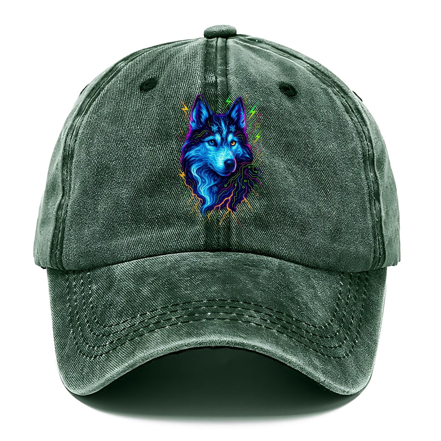 Siberian husky with ice-crystal flowing patterns, electric blue and white swirls, - Classic Cap - Forest Mist(Green)