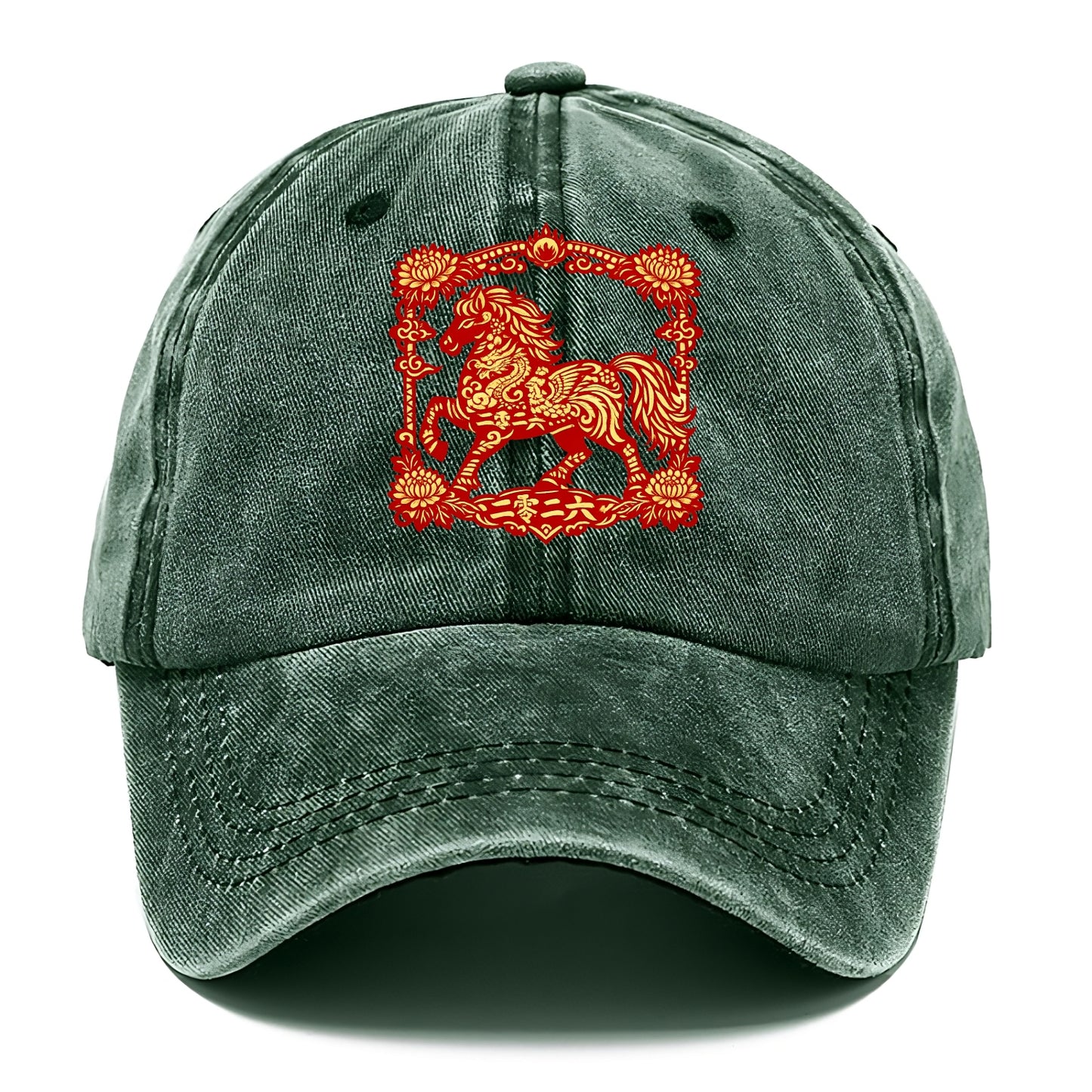 HORSE | Silk style horse design | Gold and silver thread appearance | Phoenix and - Classic Cap - Forest Mist(Green)