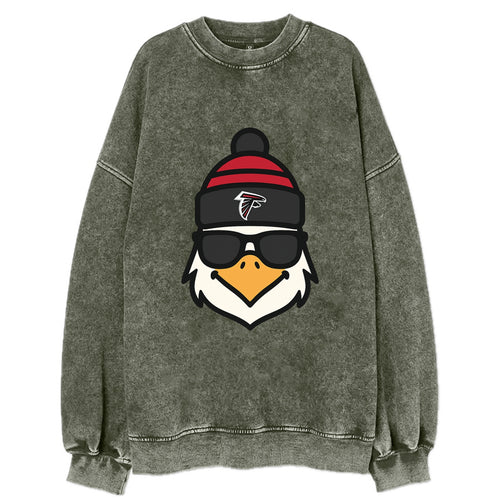 Atlanta Falcon wearing Falcons red and black beanie with pom pom and wayfarer - Vintage Sweatshirt