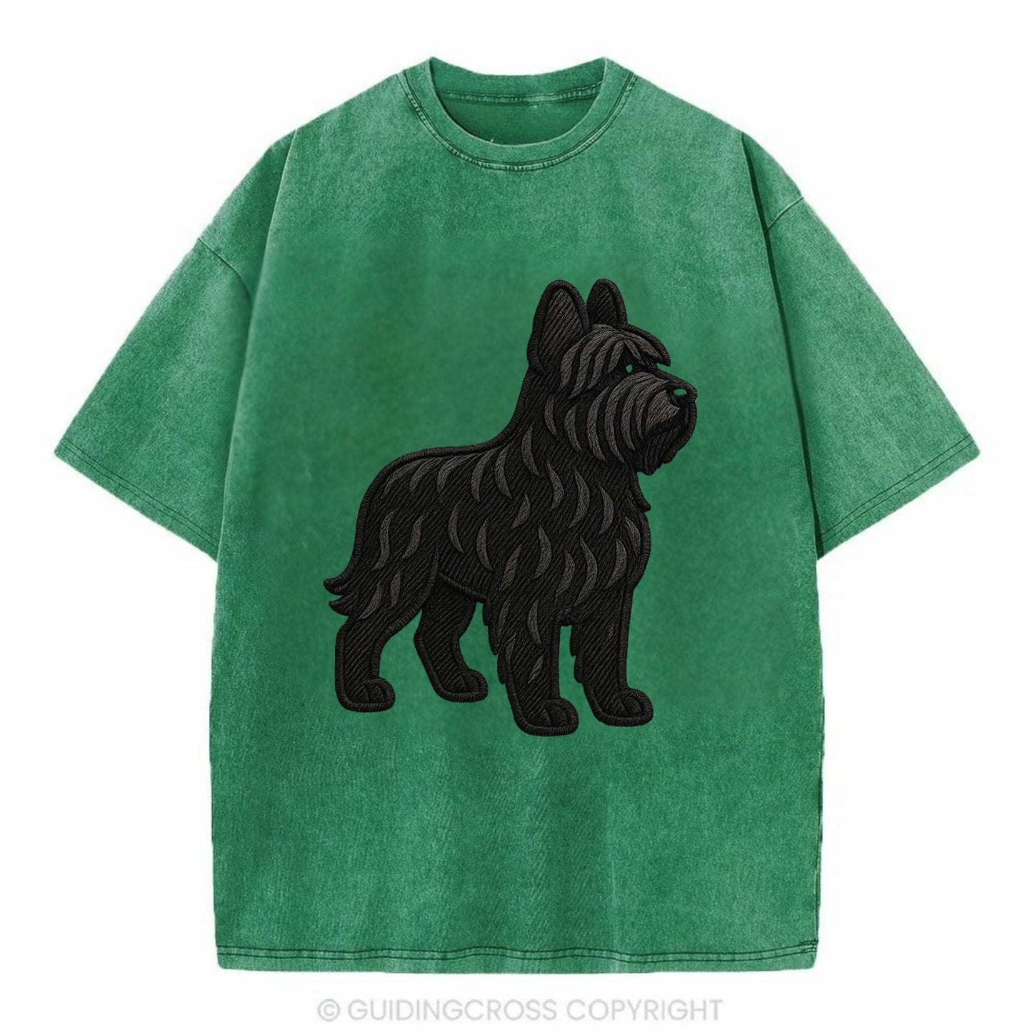 Briard - Black wavy coat embroidered herding pose - Vintage T-shirt - Forest Mist(Green)