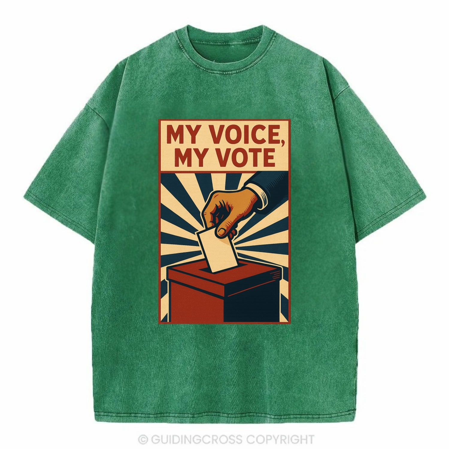 Hand dropping ballot into box with determination - "My Voice, My Vote" - - Vintage T-shirt - Forest Mist(Green)
