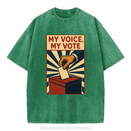 Hand dropping ballot into box with determination - "My Voice, My Vote" - - Vintage T-shirt - Forest Mist(Green)