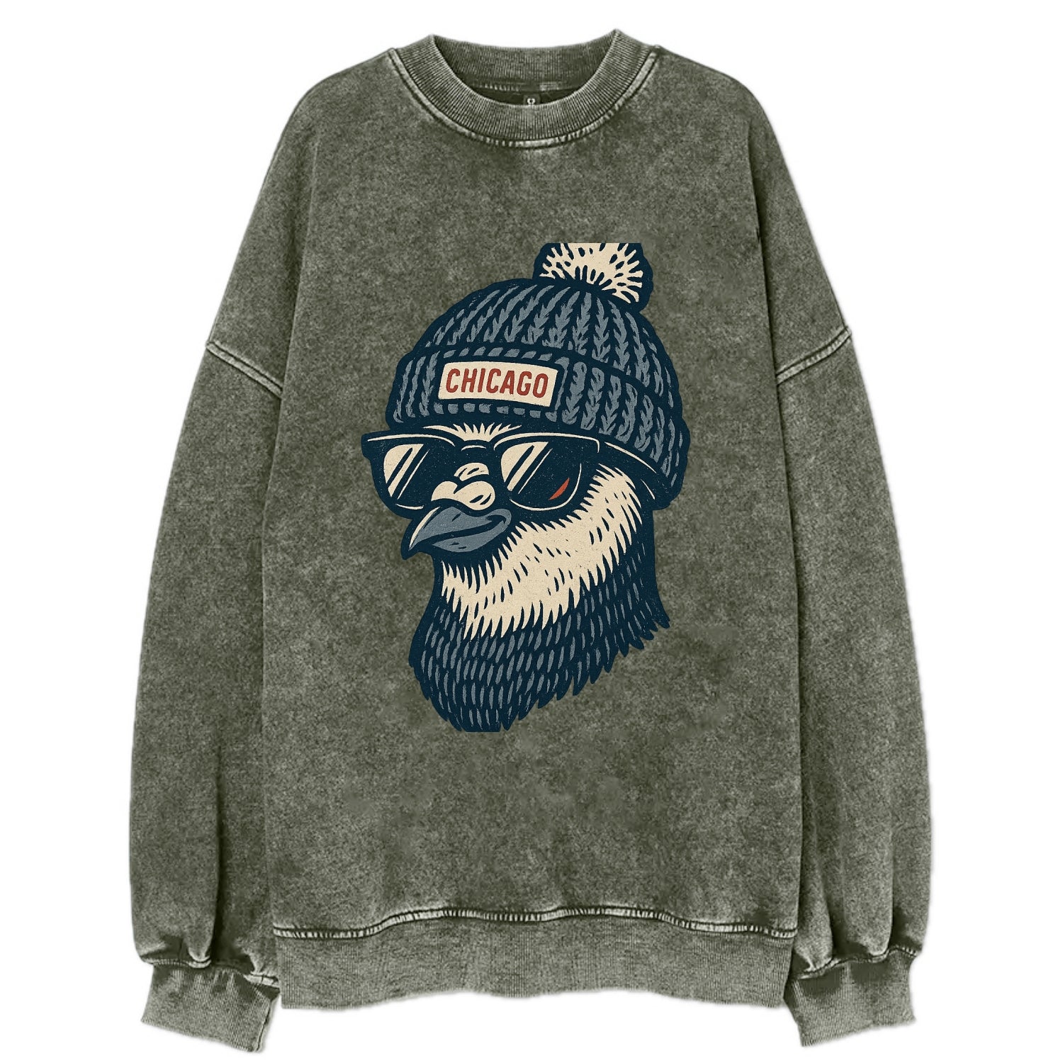 Chicago Pigeon wearing Chicago beanie with pom pom and wayfarer sunglasses - Vintage Sweatshirt - Forest Mist(Green)