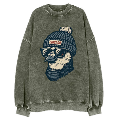 Chicago Pigeon wearing Chicago beanie with pom pom and wayfarer sunglasses - Vintage Sweatshirt - Forest Mist(Green)