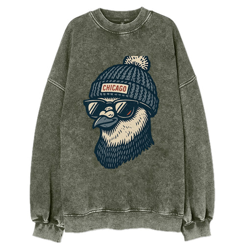 Chicago Pigeon wearing Chicago beanie with pom pom and wayfarer sunglasses - Vintage Sweatshirt