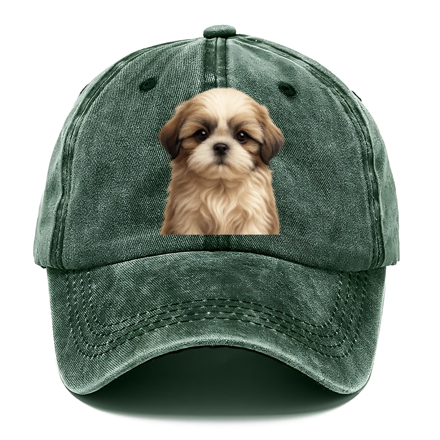 Baby Shih Tzu Puppy - long flowing coat, flat face, big dark eyes, front-facing, - Classic Cap - Forest Mist(Green)