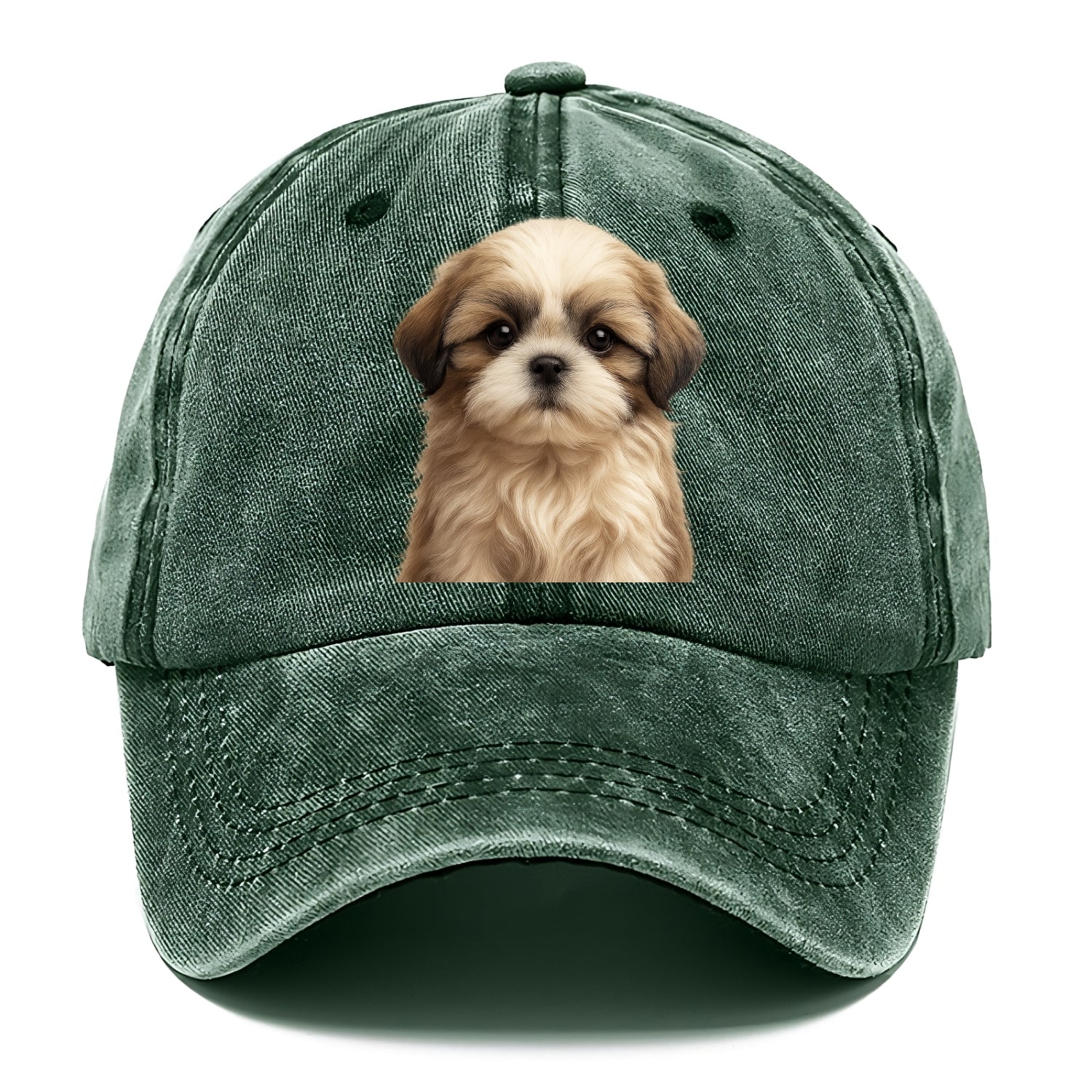 Baby Shih Tzu Puppy - long flowing coat, flat face, big dark eyes, front-facing, - Classic Cap - Forest Mist(Green)