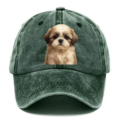 Baby Shih Tzu Puppy - long flowing coat, flat face, big dark eyes, front-facing, - Classic Cap - Forest Mist(Green)