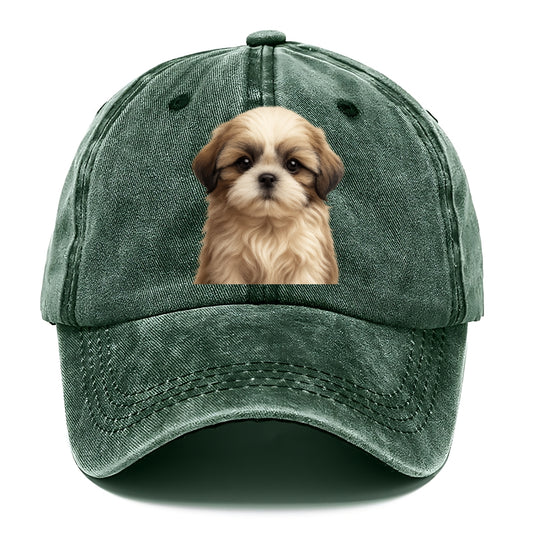 Baby Shih Tzu Puppy - long flowing coat, flat face, big dark eyes, front-facing, - Classic Cap - Forest Mist(Green)