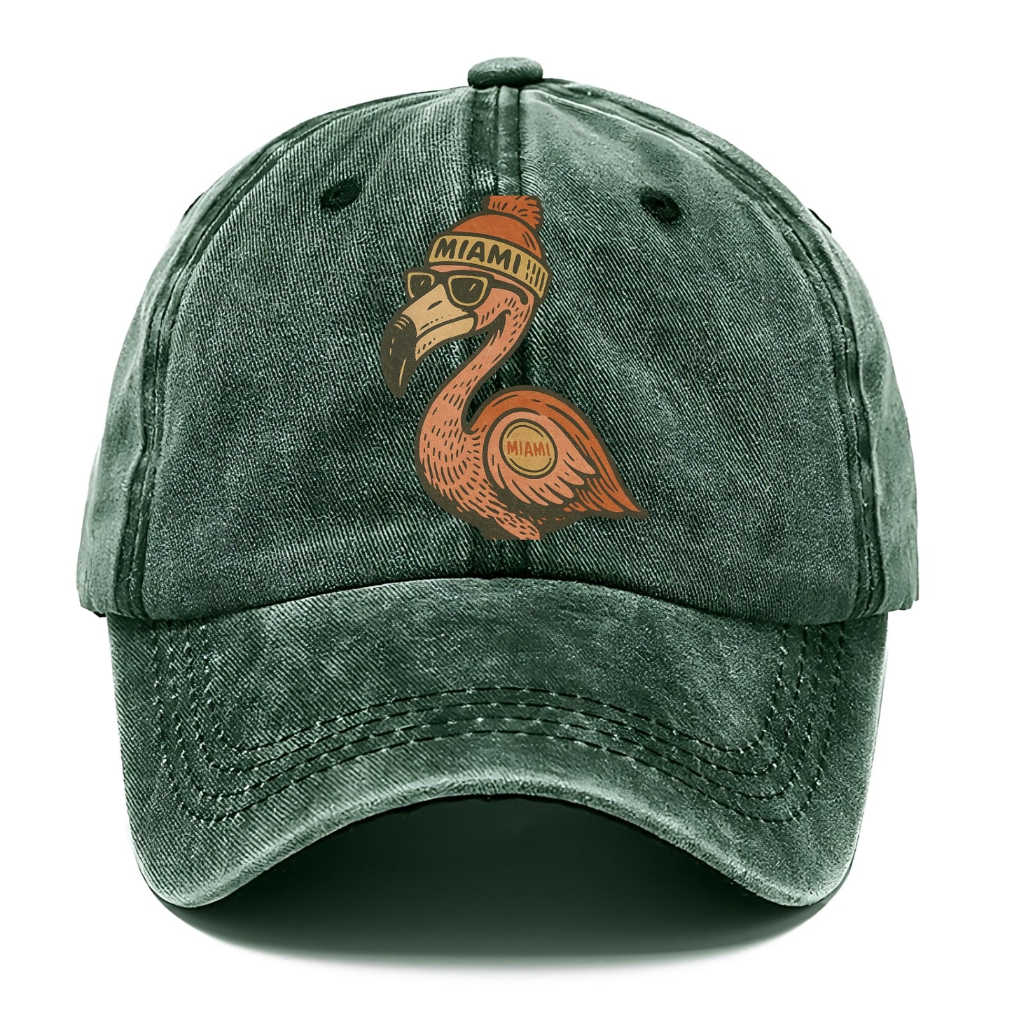 Miami Flamingo wearing Miami beanie with pom pom and wayfarer sunglasses - Classic Cap - Forest Mist(Green)