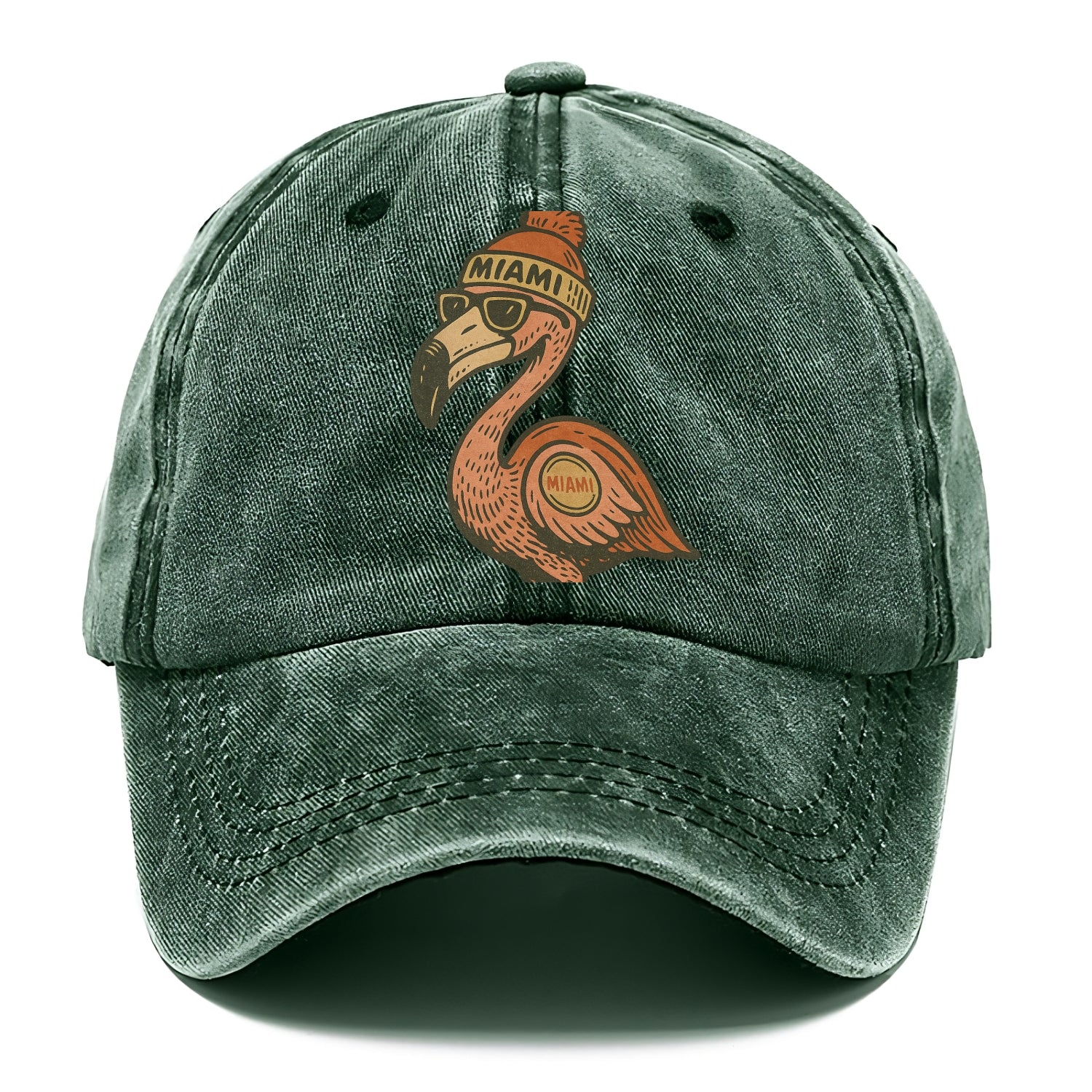 Miami Flamingo wearing Miami beanie with pom pom and wayfarer sunglasses - Classic Cap - Forest Mist(Green)