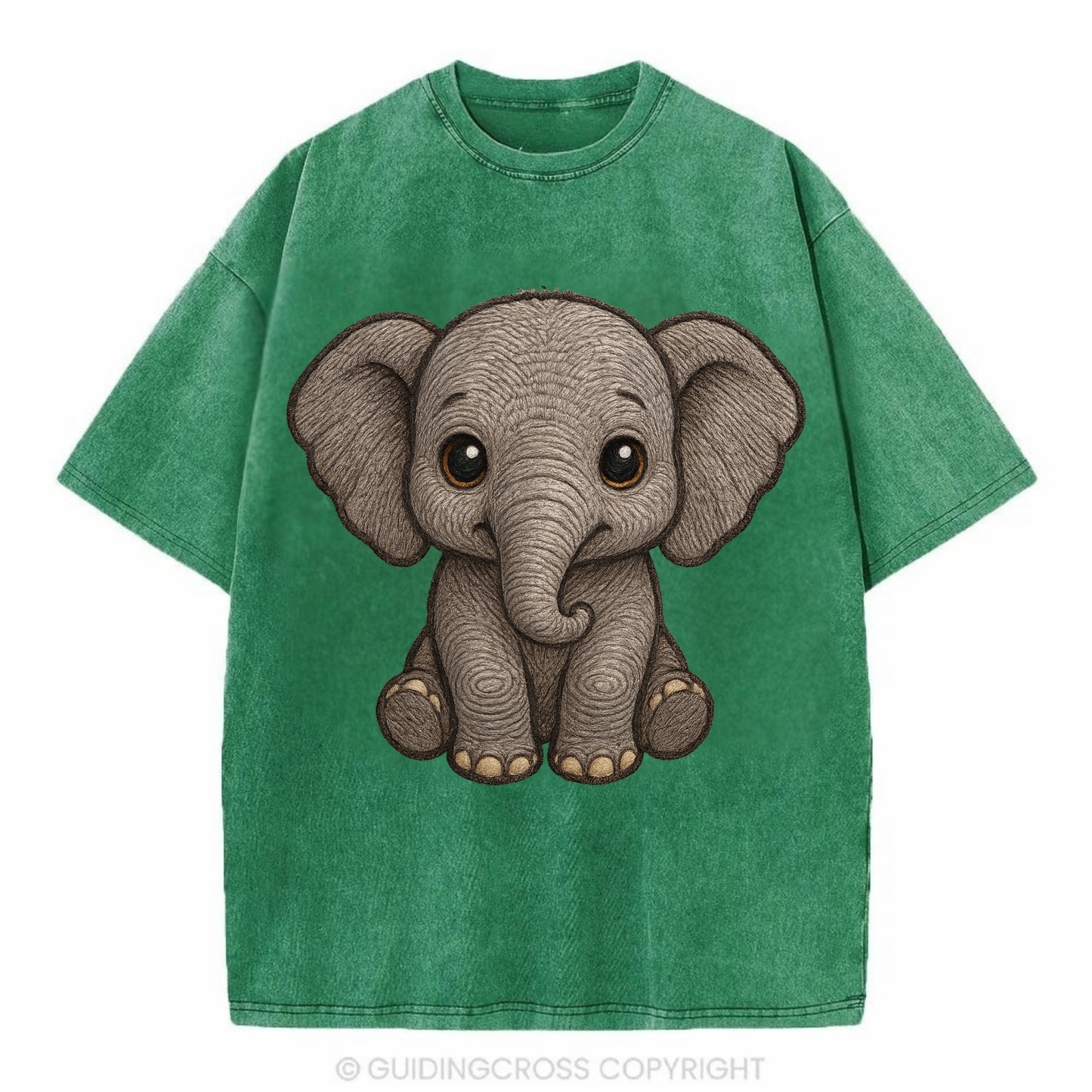 Baby Elephant - gray wrinkly, tiny trunk, large floppy ears, kind dark eyes, - Vintage T-shirt - Forest Mist(Green)