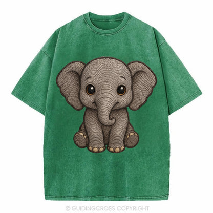 Baby Elephant - gray wrinkly, tiny trunk, large floppy ears, kind dark eyes, - Vintage T-shirt - Forest Mist(Green)