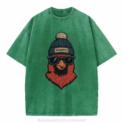 Indiana Cardinal wearing Indianapolis beanie with pom pom and wayfarer sunglasses - Vintage T-shirt - Forest Mist(Green)