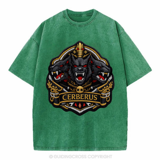 CERBERUS THREE HEADS - triple hound in black and red , underworld - Vintage T-shirt - Forest Mist(Green)