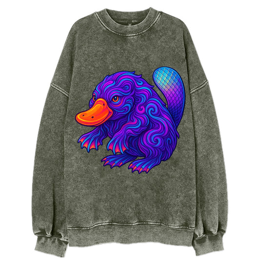 Quirky platypus with bill glowing in neon orange, beaver tail with holographic - Vintage Sweatshirt - Forest Mist(Green)