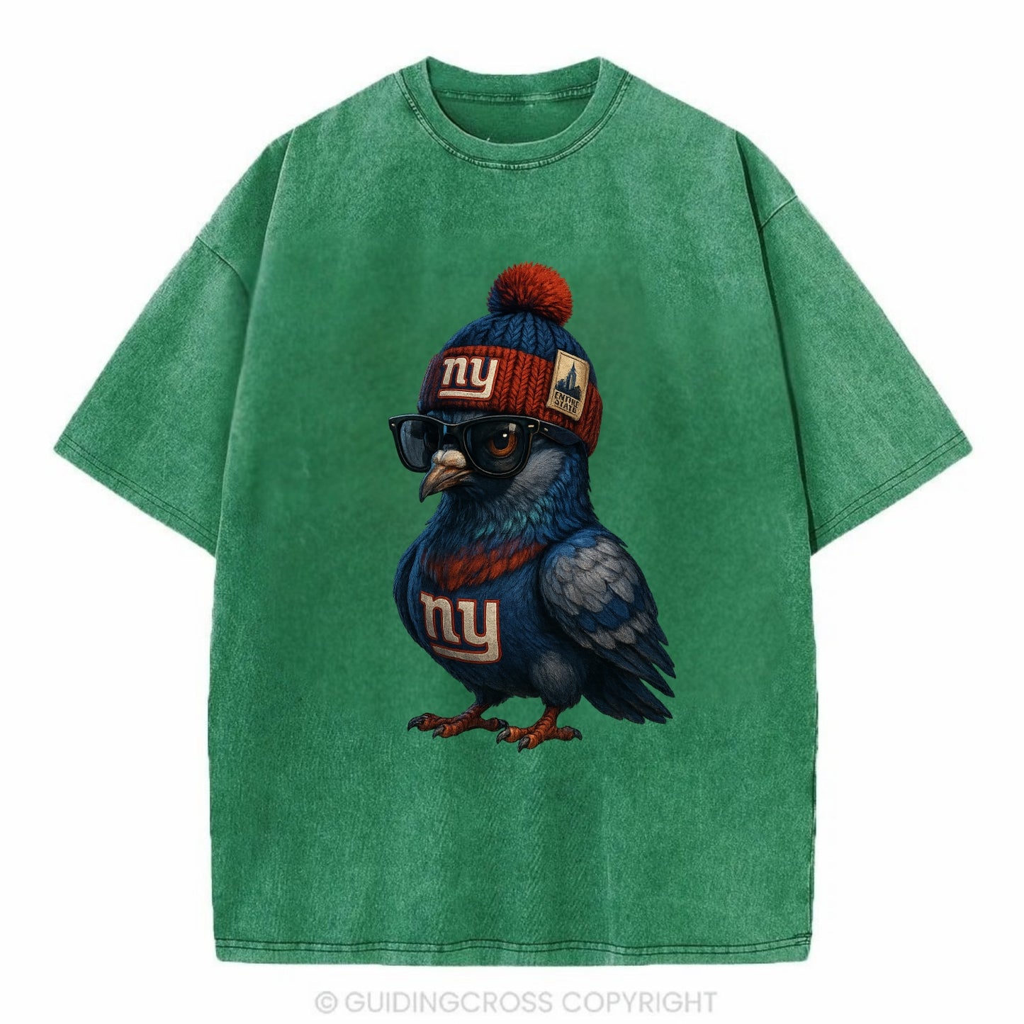 Manhattan Pigeon wearing Giants beanie with Empire State patch and wayfarer - Vintage T-shirt - Forest Mist(Green)