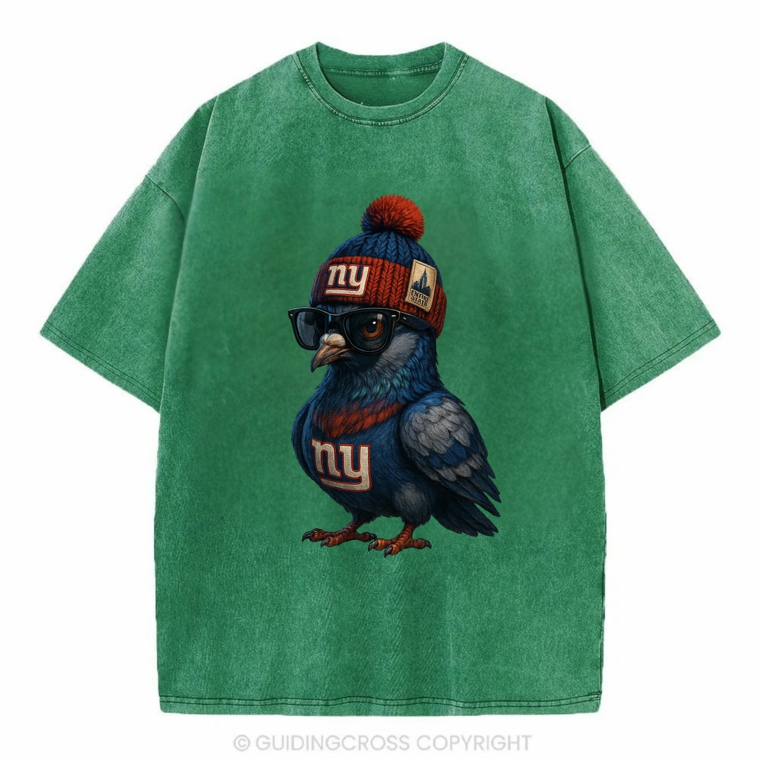 Manhattan Pigeon wearing Giants beanie with Empire State patch and wayfarer - Vintage T-shirt - Forest Mist(Green)