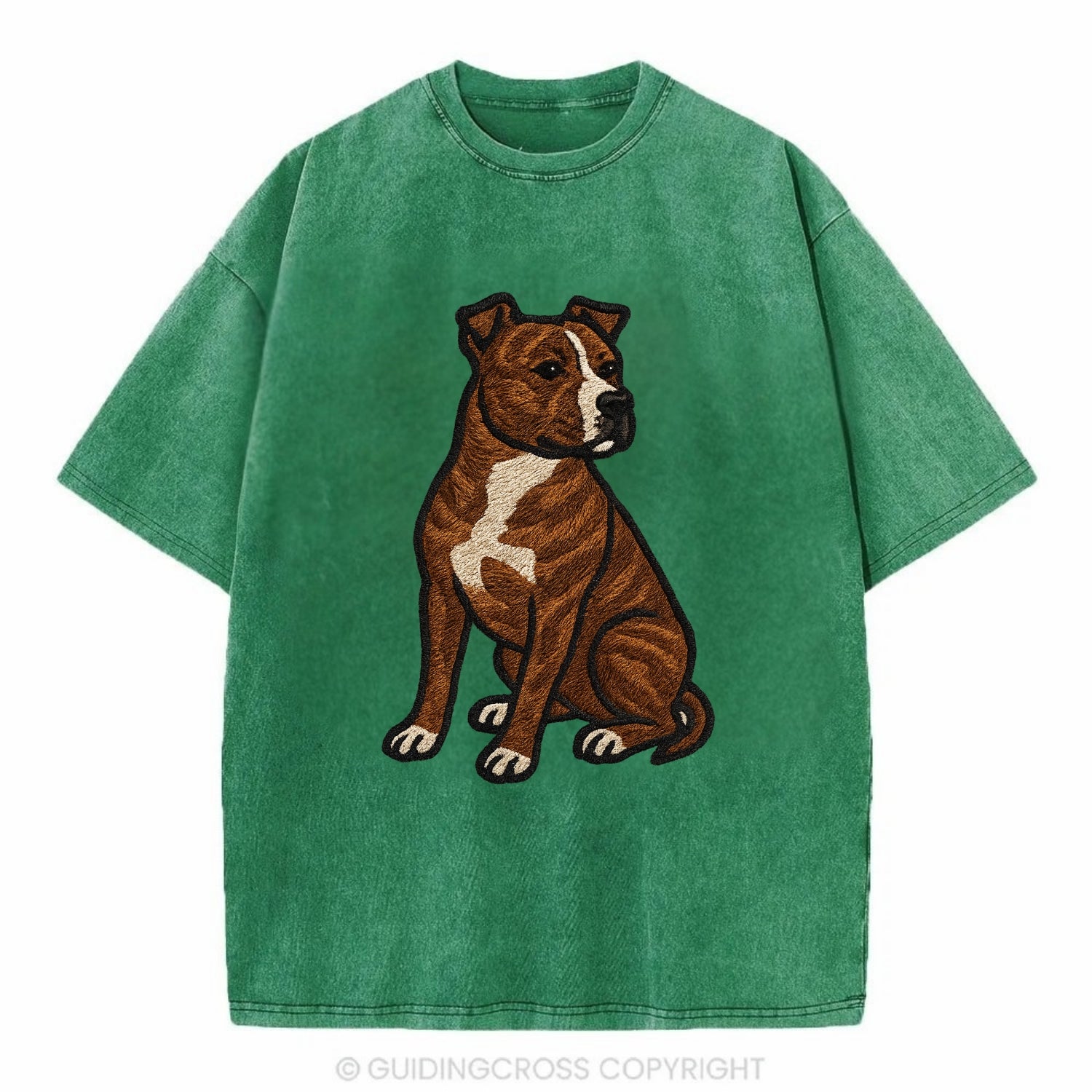 American Staffordshire Terrier - Brindle embroidered pose - Vintage T-shirt - Forest Mist(Green)