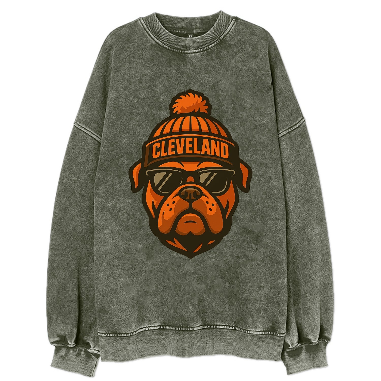 Cleveland Bulldog wearing Browns orange and brown beanie with pom pom and - Vintage Sweatshirt - Forest Mist(Green)