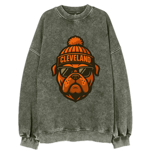 Cleveland Bulldog wearing Browns orange and brown beanie with pom pom and - Vintage Sweatshirt
