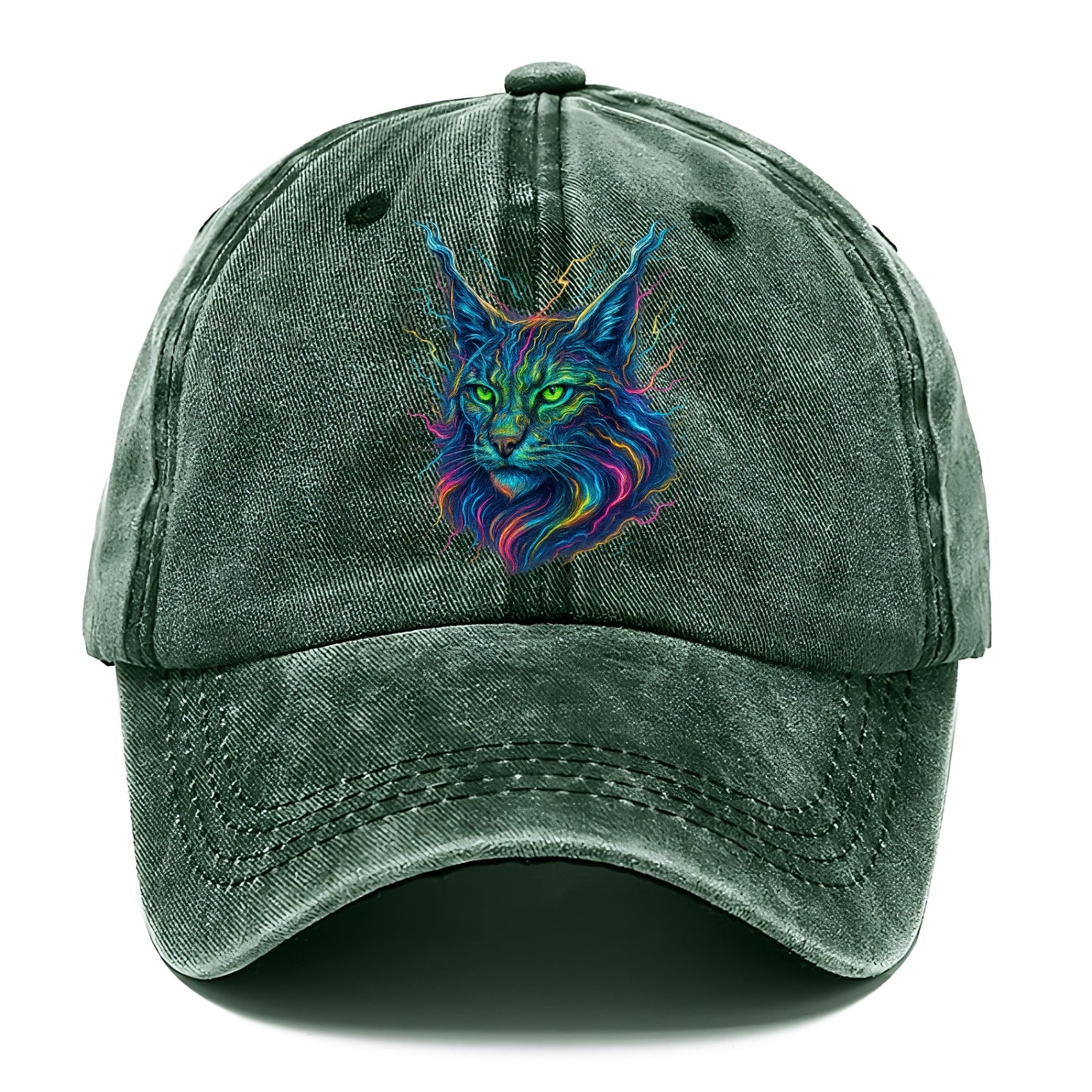 Wild lynx with ear tufts transforming into liquid mercury flows, silver and gold - Classic Cap - Forest Mist(Green)