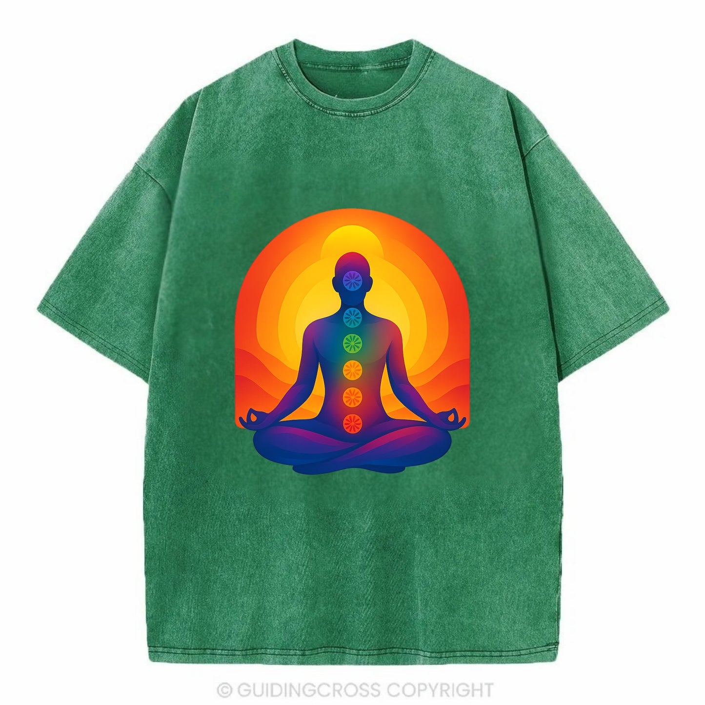 Sunset Meditation - Figure in lotus pose Vintage T-shirt - Forest Mist(Green)