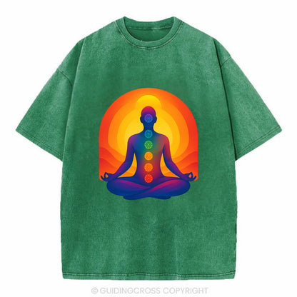 Sunset Meditation - Figure in lotus pose Vintage T-shirt - Forest Mist(Green)